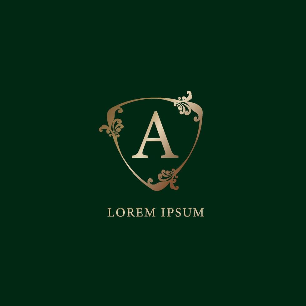 brief een alfabetisch logo ontwerpsjabloon. verzekering logo concept geïsoleerd op donkere groene achtergrond. luxe gouden decoratieve bloemen schild teken illustratie. vector