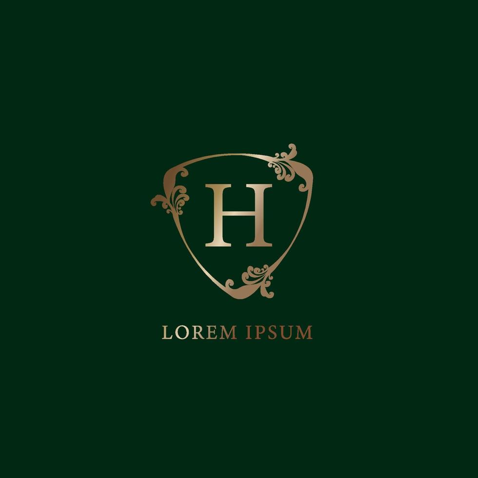 letter h alfabetisch logo ontwerpsjabloon. luxe gouden decoratieve bloemen schild teken illustratie. verzekering logo concept geïsoleerd op donkergroene achtergrond, vector