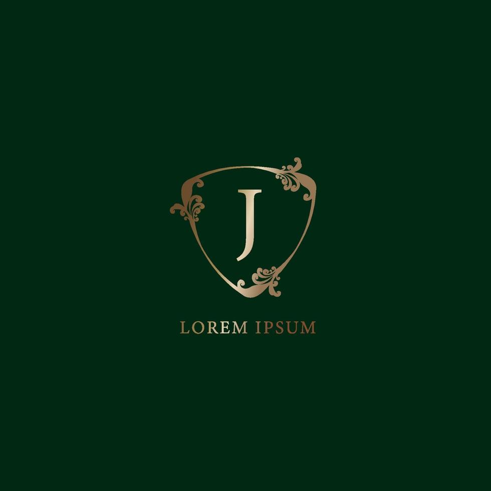 letter j alfabetisch logo ontwerpsjabloon. verzekering logo concept geïsoleerd op donkere groene achtergrond. luxe gouden decoratieve bloemen schild teken illustratie. vector