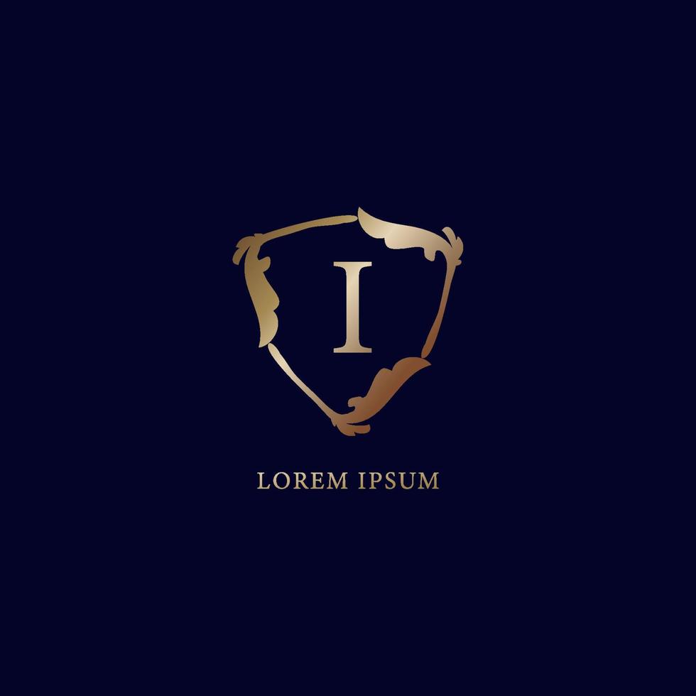 letter ik alfabetisch logo ontwerpsjabloon. luxe metalen gouden beveiligingslogo concept. geïsoleerd op marineblauwe achtergrondgeluid. decoratieve bloemen schild teken illustratie vector