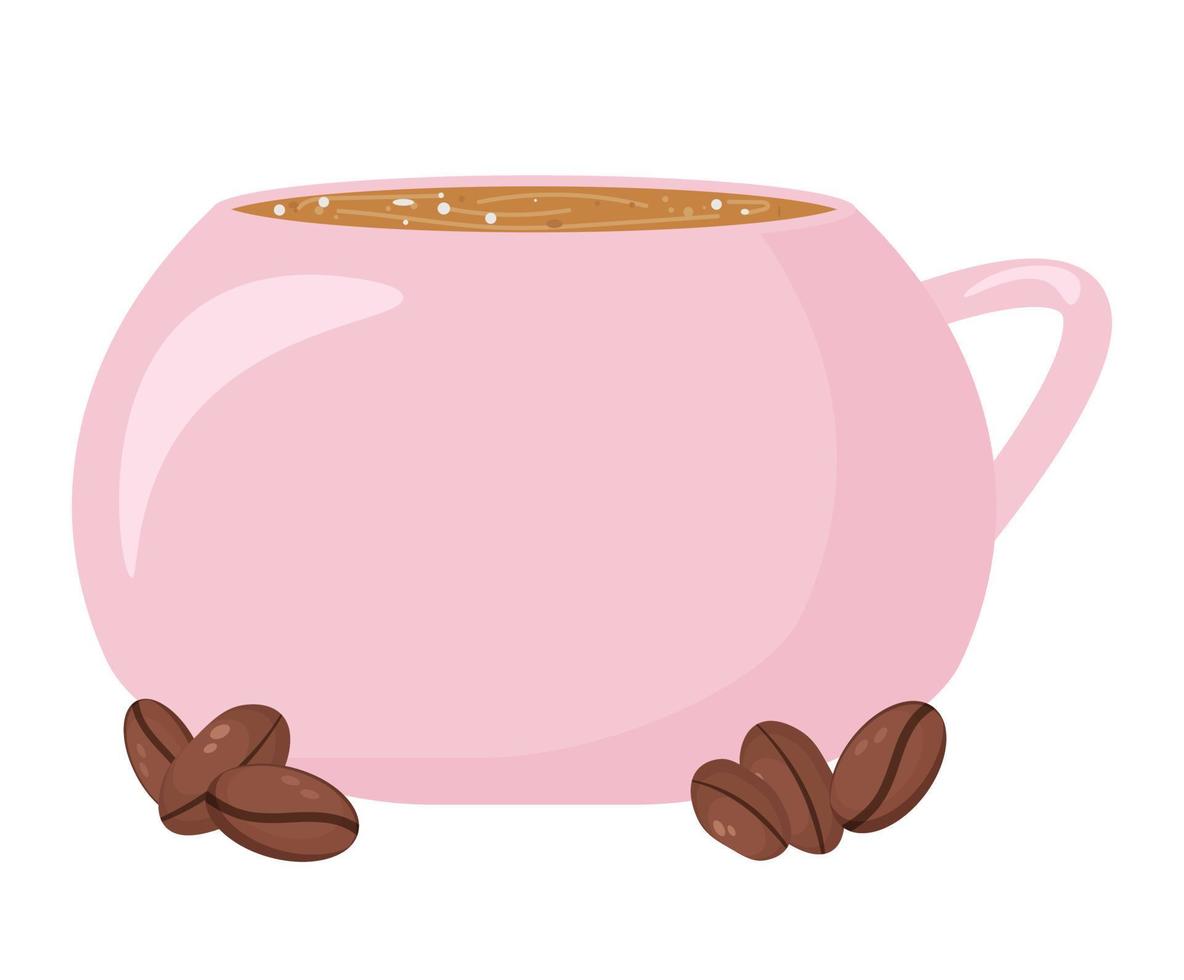 keramische roze koffiemok, koffiebonen in de ochtend, heerlijk ontbijt, poster, poster, banner vector