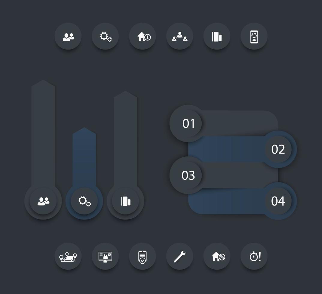 infographic elementen voor bedrijfsanalyse, rapportontwerp, tijdlijn, staplabels, 1 2 3 4, groeipijlen, pictogrammen, donkere versie vector