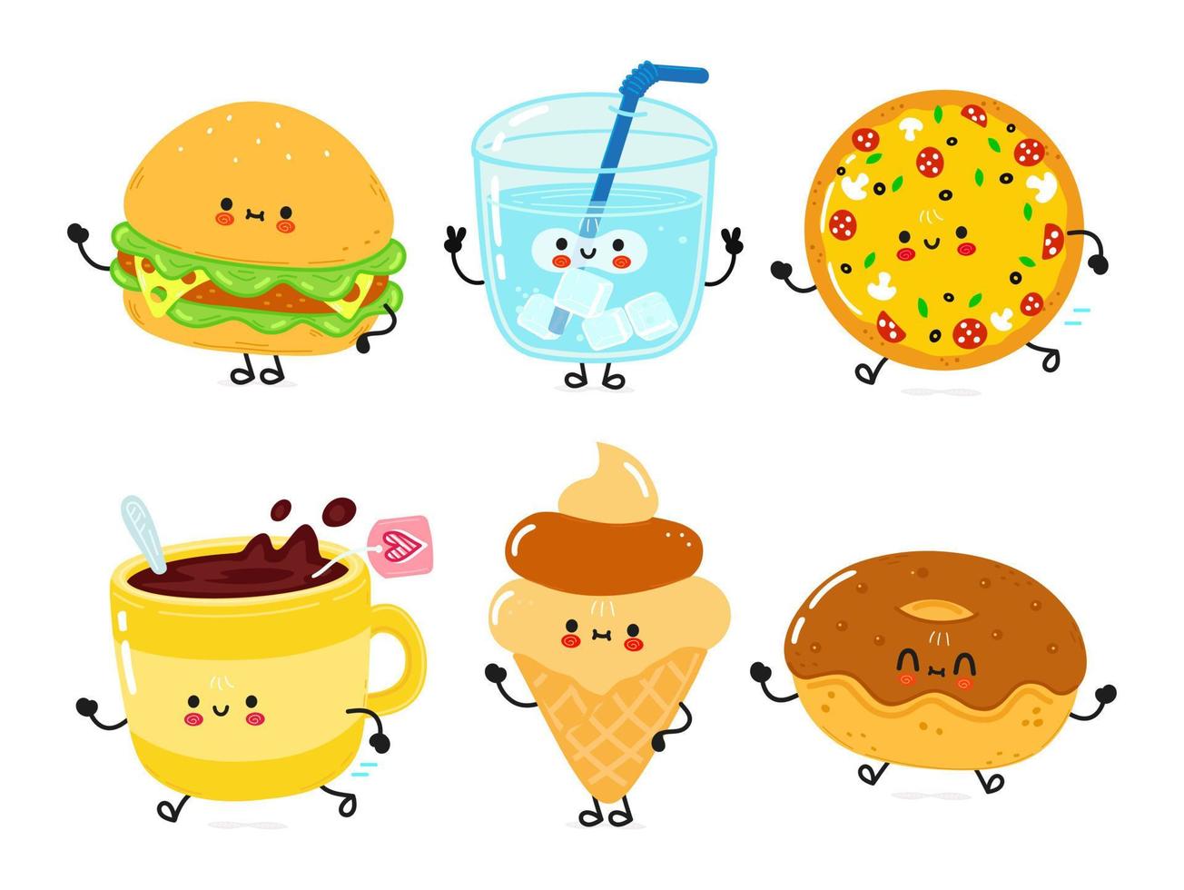 grappige gelukkig fastfood tekens instellen. vector hand getekend cartoon kawaii karakter illustratie. geïsoleerde witte achtergrond. schattig broodje, glas water, pizza, kopje thee, ijs, chocolade donut