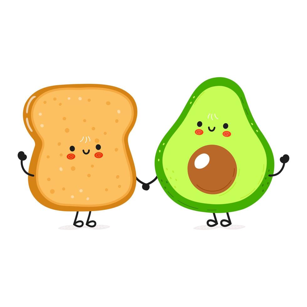 leuke vrolijke toast en avocado-kaart. vector hand getrokken doodle stijl cartoon karakter illustratie pictogram ontwerp. gelukkige brood en avocado vrienden concept kaart