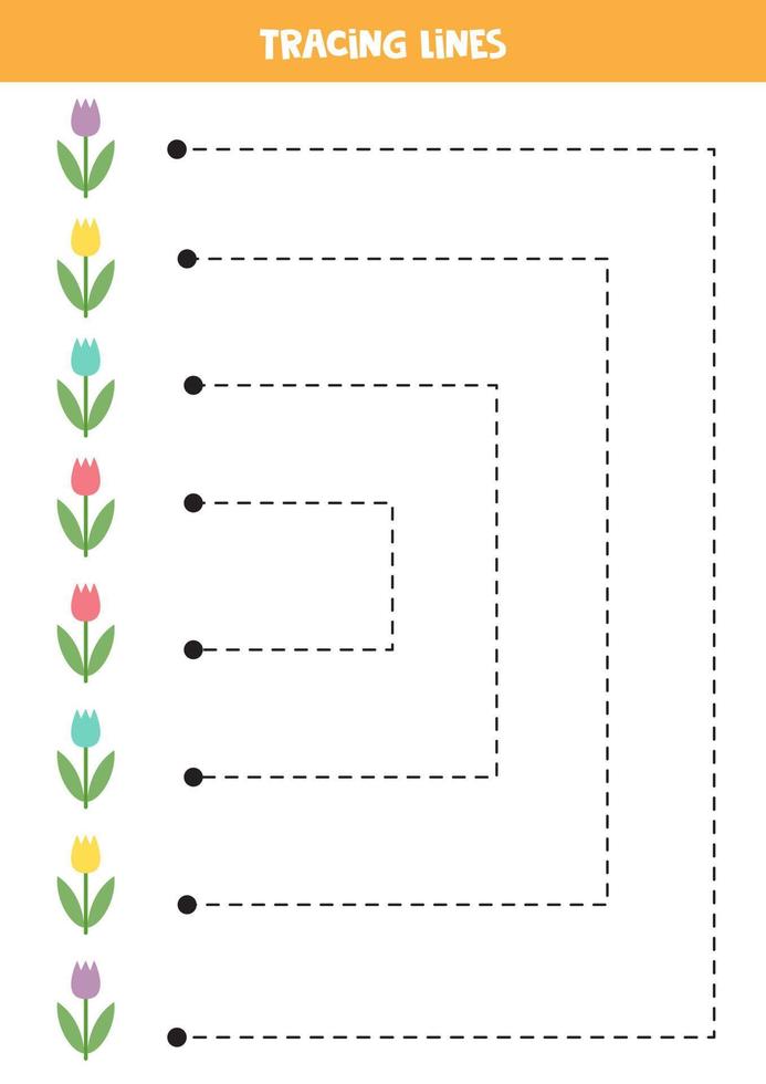 traceerlijnen voor kinderen. leuke kleurrijke tulpen. Schrijf oefening. vector