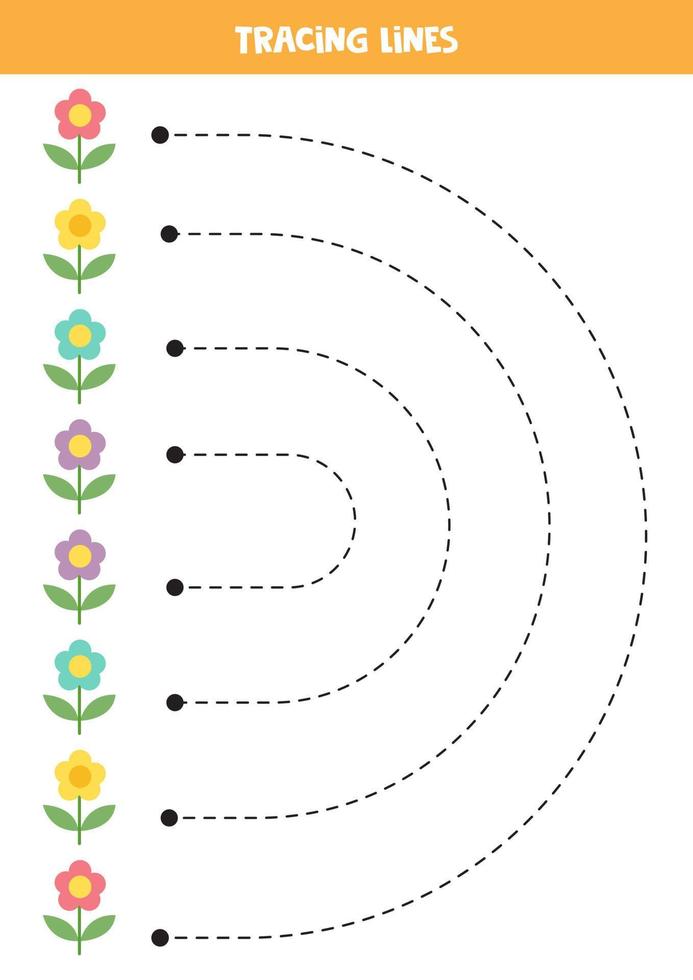 traceerlijnen voor kinderen. leuke kleurrijke bloemen. Schrijf oefening. vector