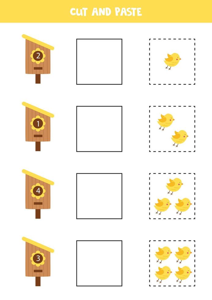 wiskunde spel voor kinderen. tel en plak schattige vogels in vogelhuisjes. vector