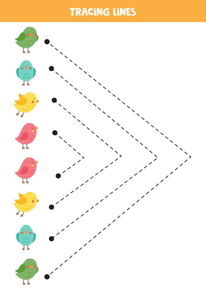 traceerlijnen voor kinderen. leuke kleurrijke vogels. Schrijf oefening. vector