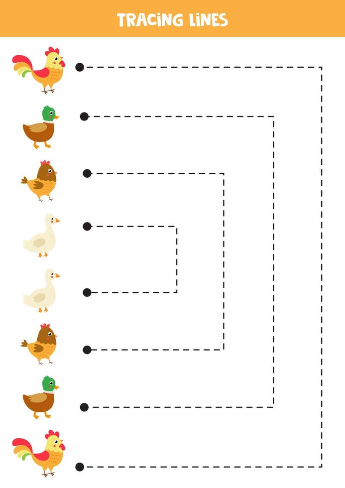 traceerlijnen voor kinderen. schattige cartoon boerderij vogels. Schrijf oefening. vector