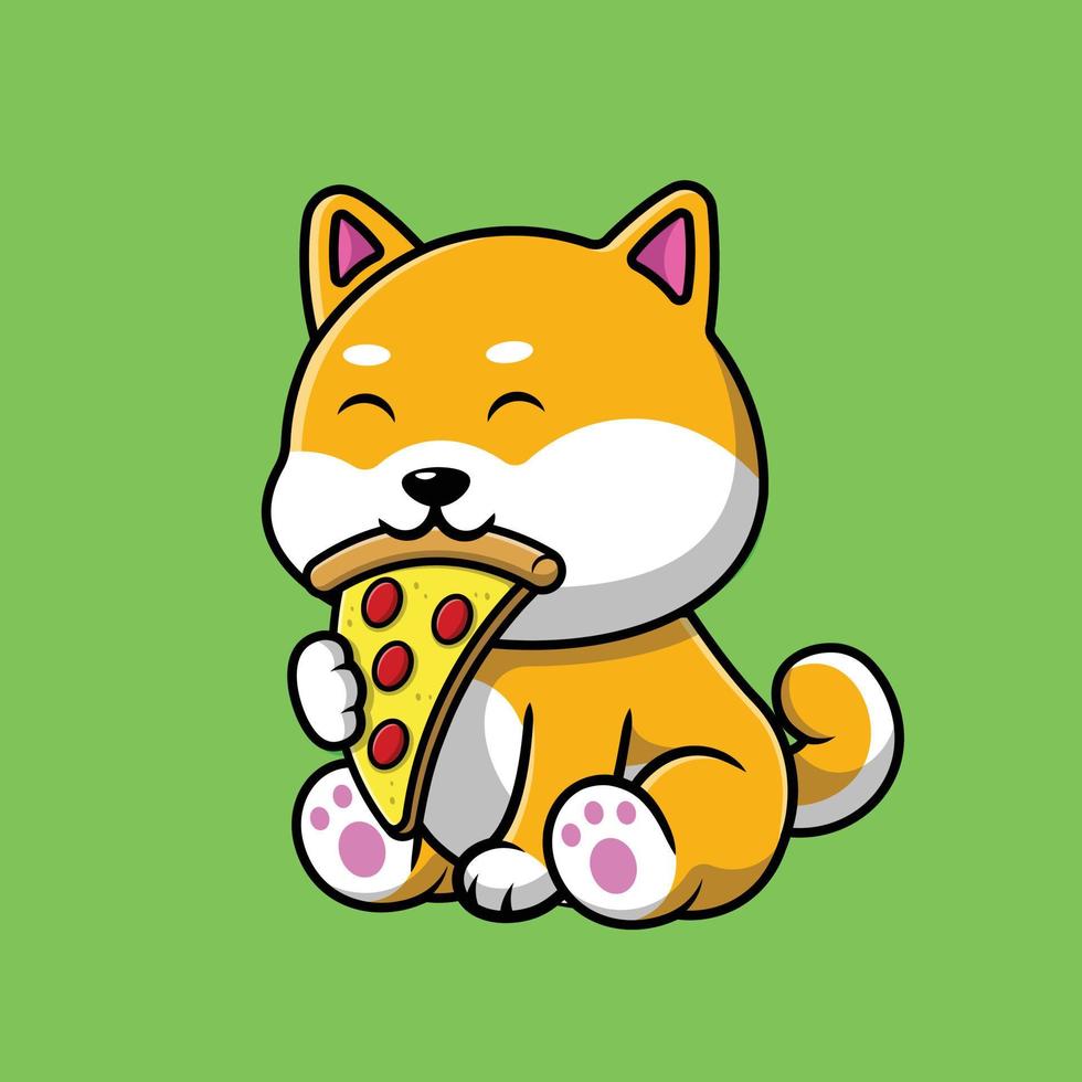 schattige shiba inu hond eet pizza cartoon vectorillustratie pictogram. dierlijk voedsel pictogram concept geïsoleerde premium vector. vector