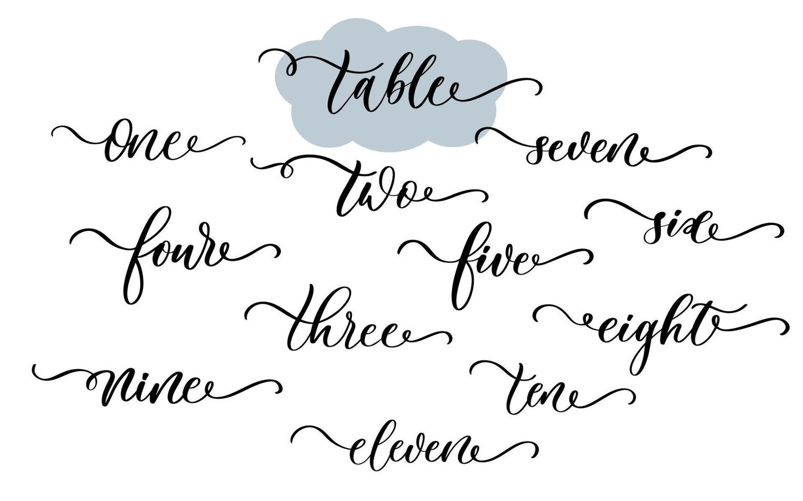 nummer van de tafel op de trouwdag - vector kalligrafische inscriptie met vloeiende lijnen.