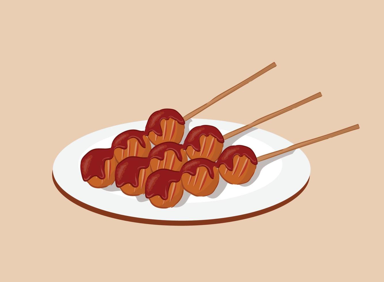 bakso bakar of gegrilde gehaktbal met saus vector