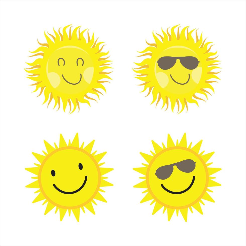 zonnesticker met een ronde vorm en gele kleur. schattige zon met lachend gezicht en coole zonnebril. gele zonnestraal die uit zon vectorontwerp komt. zon vector sociale media sticker collectie.