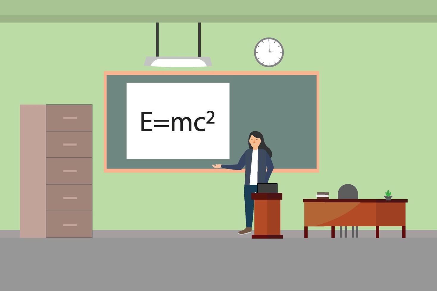 een vrouwelijke leraar in de klas die natuurkunde doceert. leraar plat karakterontwerp met klaslokaal interieur vector. onderwijs en universiteitsconceptenillustratie met bord en leraarslijst. vector