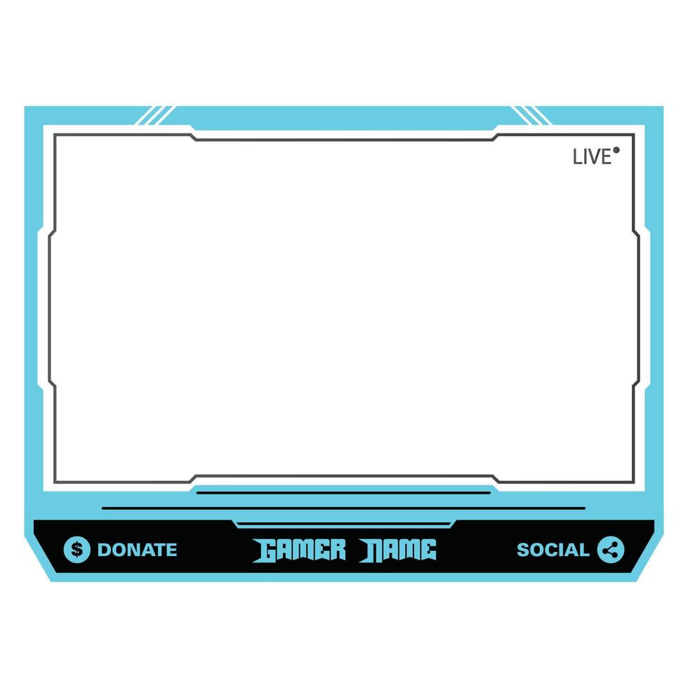 live game streaming overlay met donkerzwarte en lichtblauwe kleurtint. stijlvol live streaming overlay-frame. schermoverlay voor livestreamers. donkere zwarte kleur overlay frame met donatie knoppen. vector