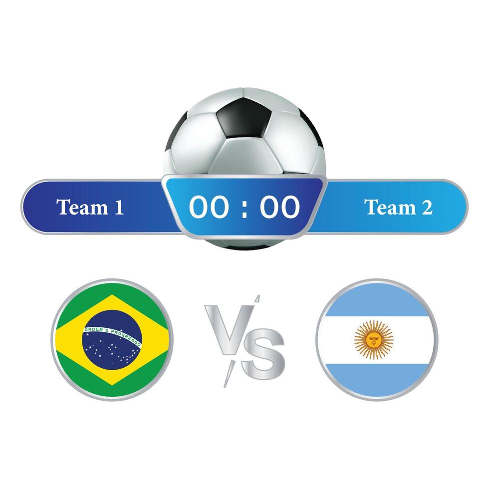 voetbalspel scorebord stijlvolle collectie. voetbalscorebord met blauwe kleurenschaduw en voetbalbal. sportscorebord met nationale vlag. Brazilië vs Argentinië komt overeen met lagere derde overlay. vector