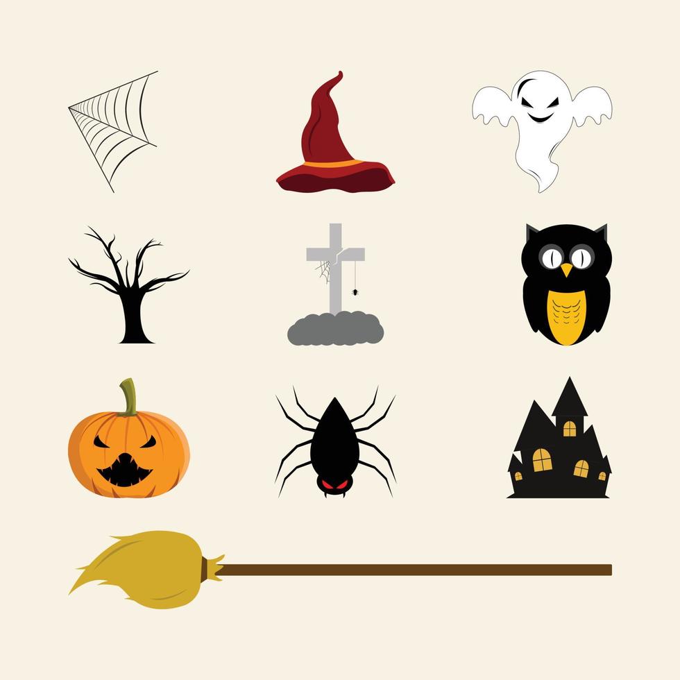 halloween element vector design collectie. halloween enge partij element vector design collectie op een gebroken witte achtergrond. halloween-element met meerdere kleuren en eng kwaad ontwerp.