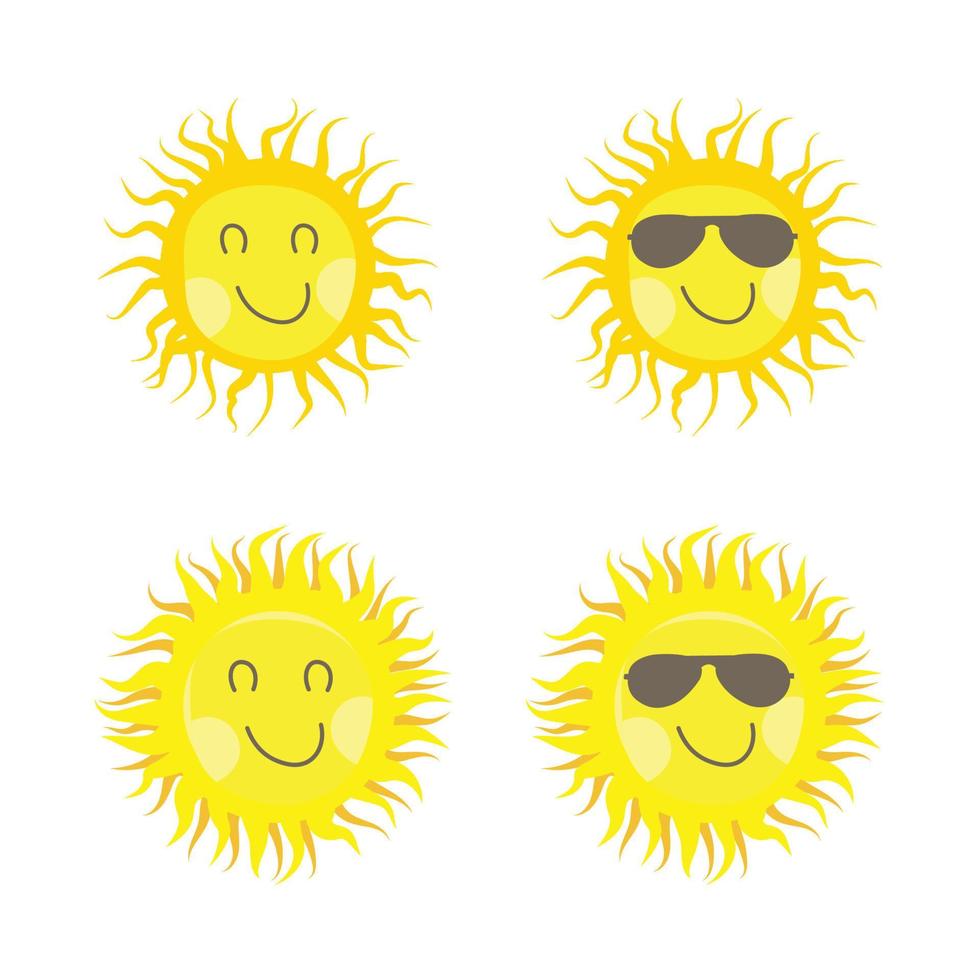 zonnesticker met een ronde vorm en gele kleur. schattige zon met lachend gezicht en coole zonnebril. zonnestraal die uit zon vectorontwerp komt voor sociale media. zon vector sociale media sticker collectie.