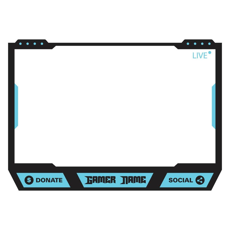 live game streaming overlay met donkere zwarte kleur. stijlvol live streaming overlayframe. schermoverlay voor livestreamers. donkere zwarte kleur overlay frame met lichtblauwe kleur donatie knoppen. vector