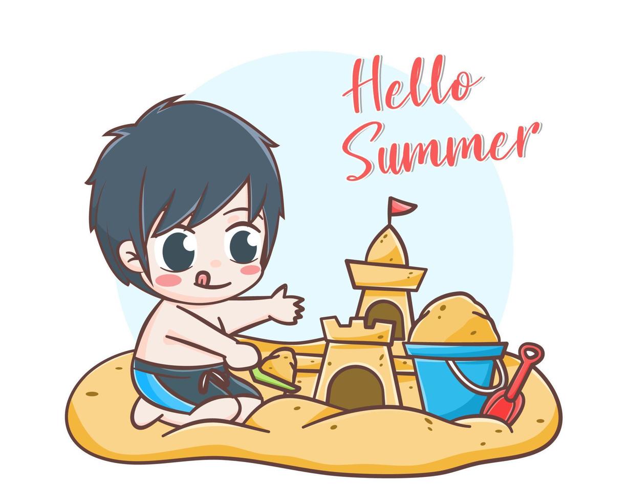 hallo zomer met een schattige jongen die een cartoonillustratie van een zandkasteel maakt vector