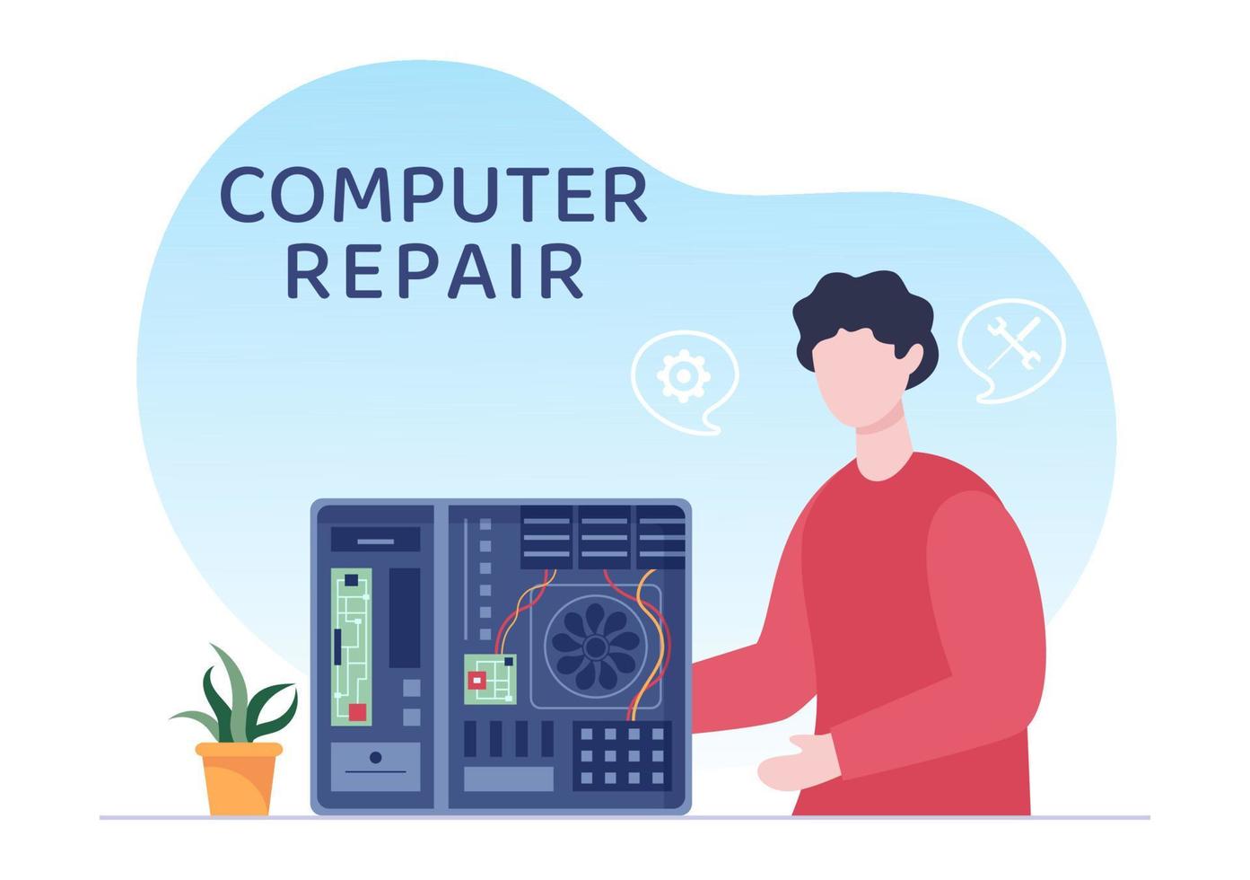 computer reparatie of service platte cartoon afbeelding met gereedschap reparateur elektronica voor voor data recovery center en crash op pc vector