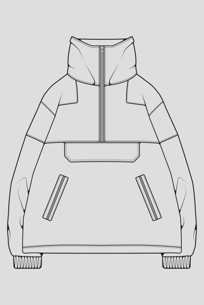 windjack technische mode illustratie schets, lange mouwen, paspelzakken. sjabloon voorkant schets jas, met grijze kleur achtergrond. dames, heren, unisex. vector