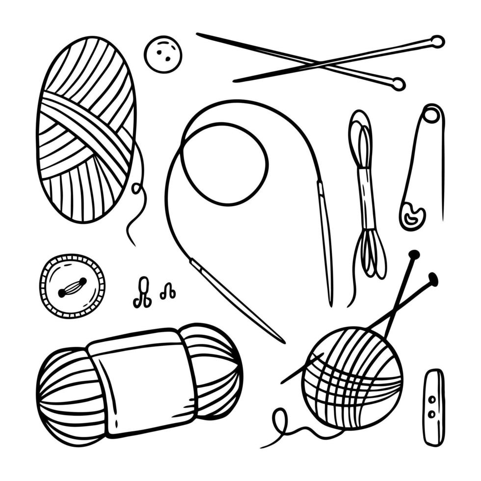 breiaccessoires breinaalden en garen. handgemaakte handwerk doodles vector illustratie op witte achtergrond