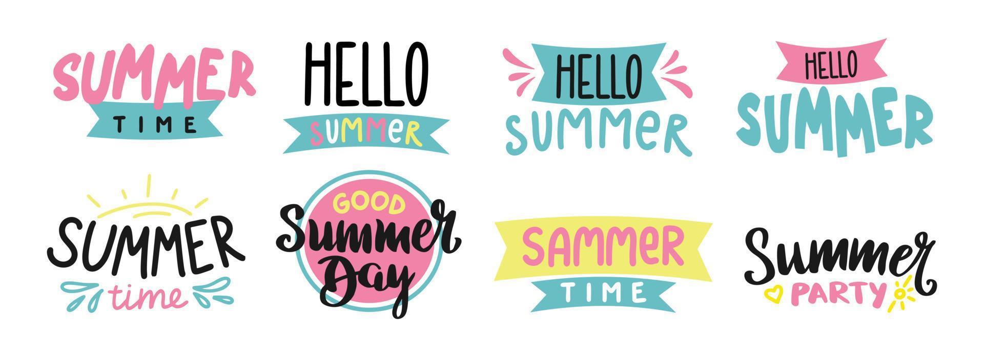 belettering hallo zomer ingesteld op witte achtergrond zomer banner wenskaart vectorillustratie in vlakke stijl vector