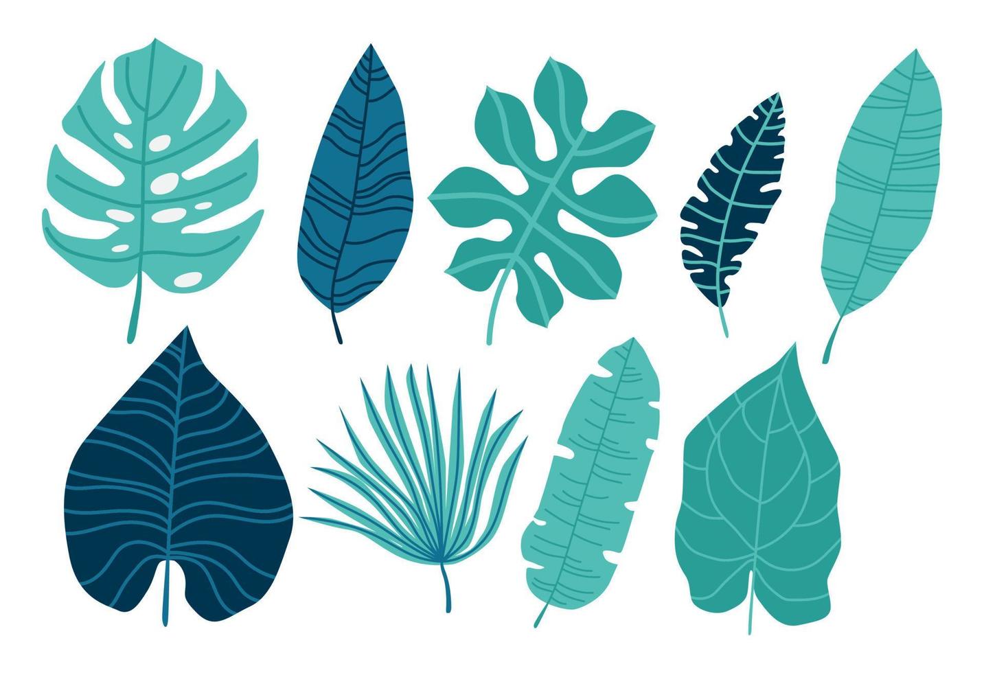 tropische groene bladeren, takken set geïsoleerd op een witte achtergrond. handgeschreven lettertype hallo zomer vector