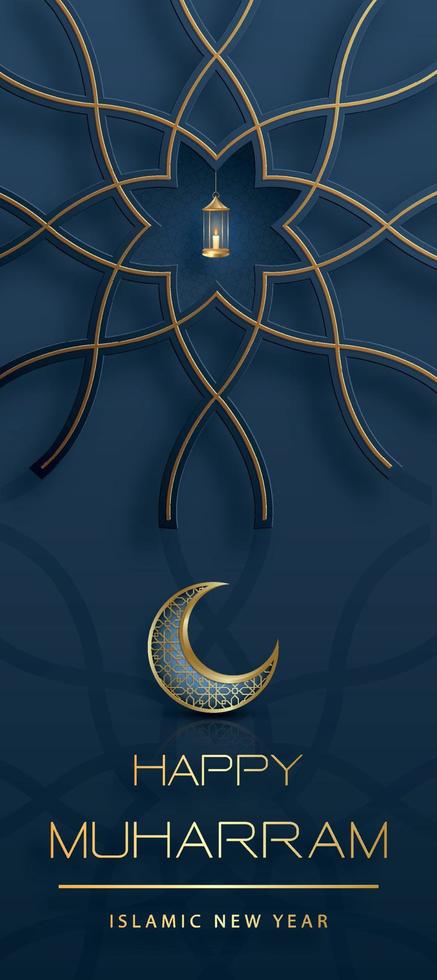 gelukkig muharram, het islamitische nieuwe jaar, nieuw hijri-jaarontwerp met gouden patroon op papierkleurachtergrond vector