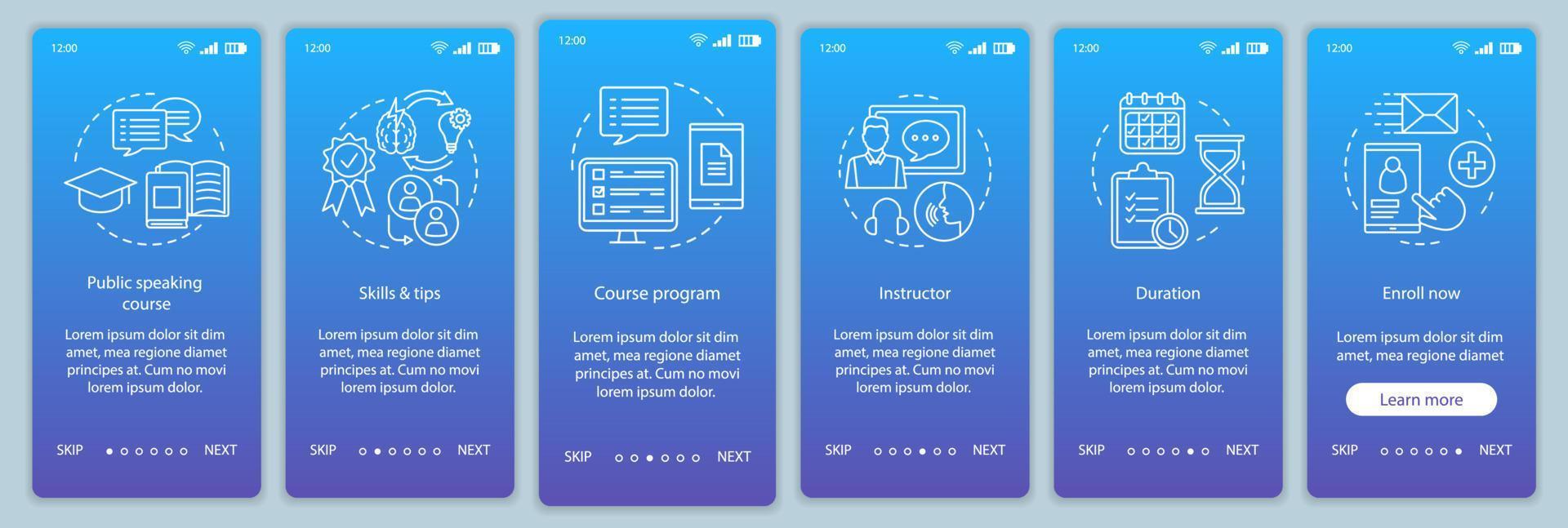 vaardigheidscursus spreken in het openbaar aan boord van mobiele app-paginaschermvectorsjabloon. professionele sprekersschool. walkthrough website stappen met lineaire pictogrammen. ux, ui, gui smartphone-interfaceconcept vector