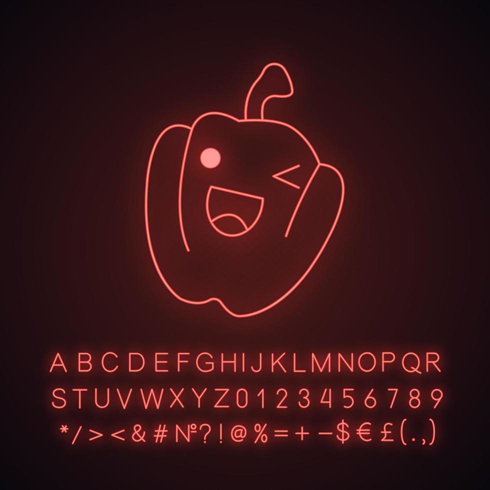 peper schattig kawaii neonlicht karakter. groente met lachend gezicht. gelukkig eten. grappige emoji, emoticon, glimlach. gloeiend pictogram met alfabet, cijfers, symbolen. vector geïsoleerde illustratie