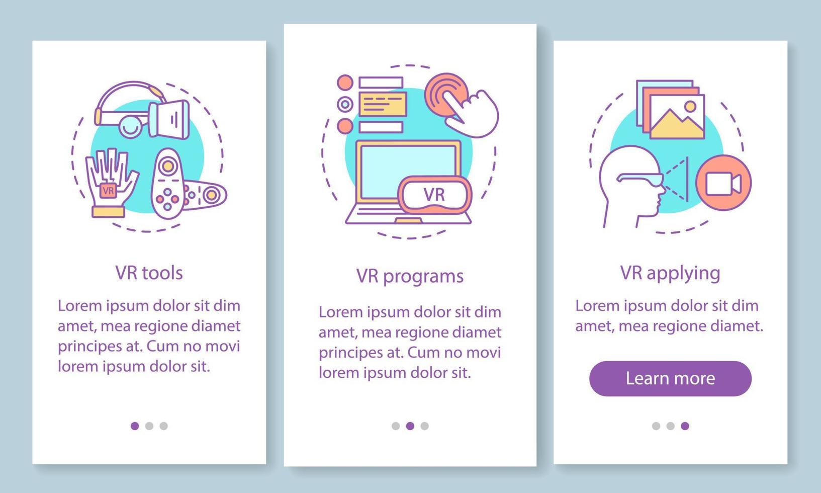 virtual reality-omgeving onboarding mobiele app-paginascherm met lineaire concepten. vr-tools, programma's, grafische instructies voor walkthrough-stappen toepassen. ux, ui, gui vectorsjabloon met illustraties vector