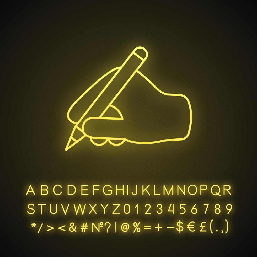 schrijven neonlicht handpictogram. hand met pen of potlood. copywriting. tekst bewerken. gloeiend bord met alfabet, cijfers en symbolen. vector geïsoleerde illustratie