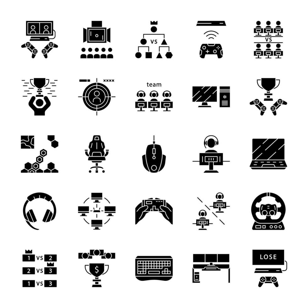 esports glyph-pictogrammen instellen. gaming-apparaat en gadgets. toernooien voor videogames. silhouet symbolen. vector geïsoleerde illustratie