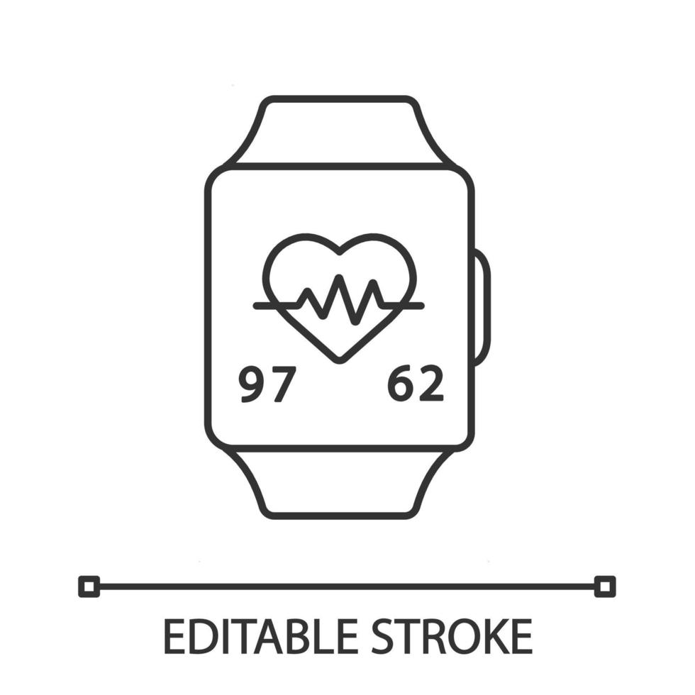 fitness armband lineaire pictogram. pedometer. indicator voor cardio-activiteit. hartslag, hartslagmeter. slimme band. dunne lijn illustratie. contour symbool. vector geïsoleerde overzichtstekening. bewerkbare streek