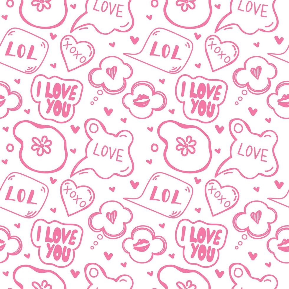 een naadloos patroon van tekstballonnen met handgetekende dialoogwoorden in doodle-stijl. liefdeswoorden en uitroepen. bekentenissen van liefde. harten. kusjes. woorden voor geliefden. vector illustratie