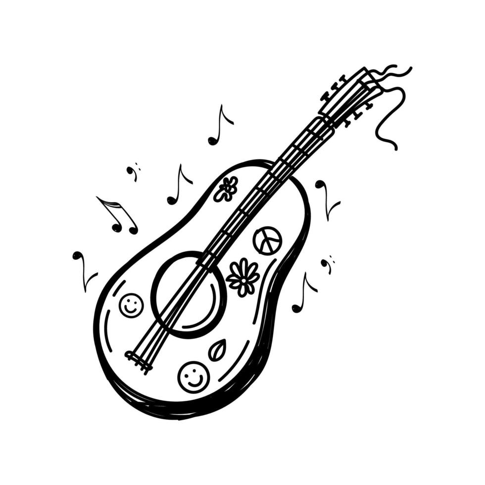 gitaar, een handgetekende doodle. een snaarinstrument met tokkelen. klassieke gitaar. kleine akoestische gitaar of ukelele. een blues- of rockstijlinstrument. cartoon schets. geïsoleerd op een witte achtergrond vector