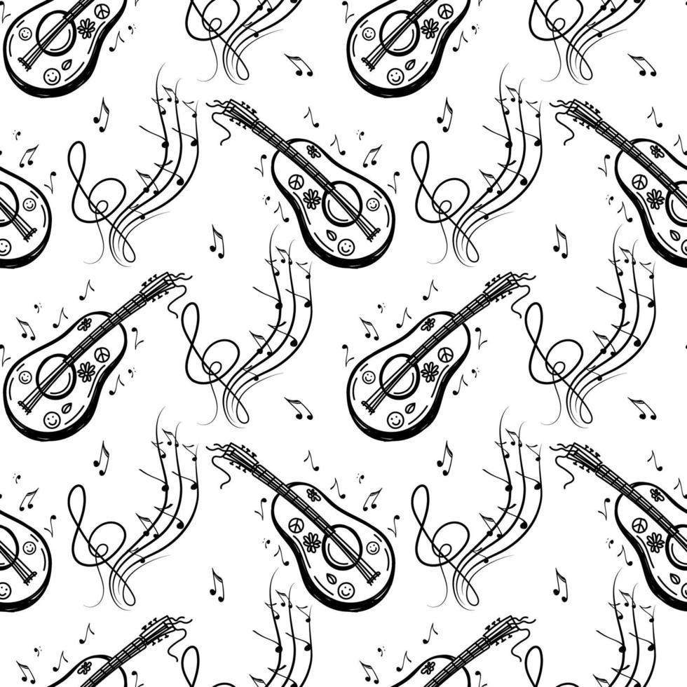 een naadloos patroon van muzikale symbolen, gitaar, ukelele, notities, viooltoetsen. handgetekende doodle-stijlelementen. vector illustratie