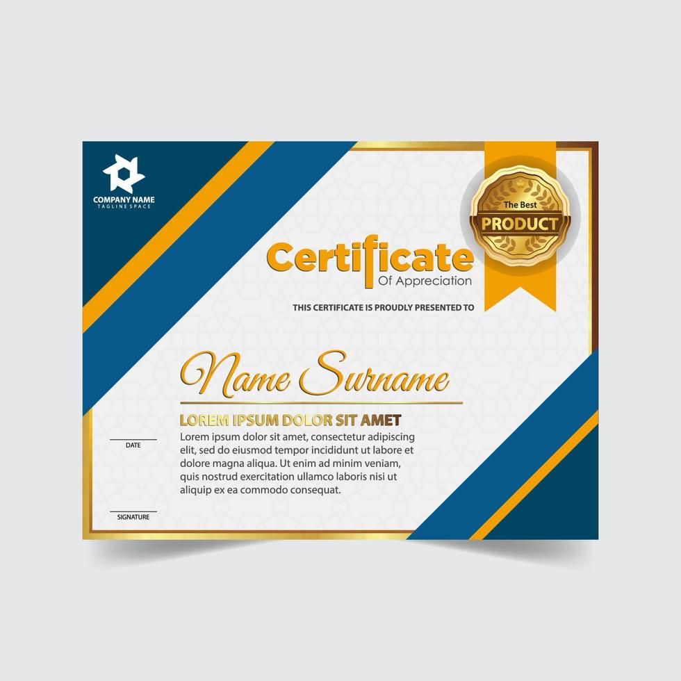 award sjablooncertificaat, gouden kleur en verloop. bevat een modern certificaat met een gouden badge vector