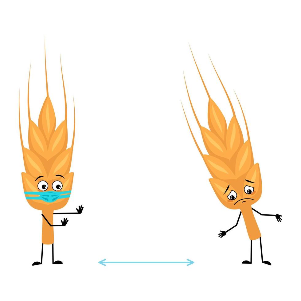 schattig korenaarkarakter in medisch masker houd afstand, armen en benen. gezonde granen met zorguitdrukking en houding, vitaminerijk voedsel. platte vectorillustratie vector