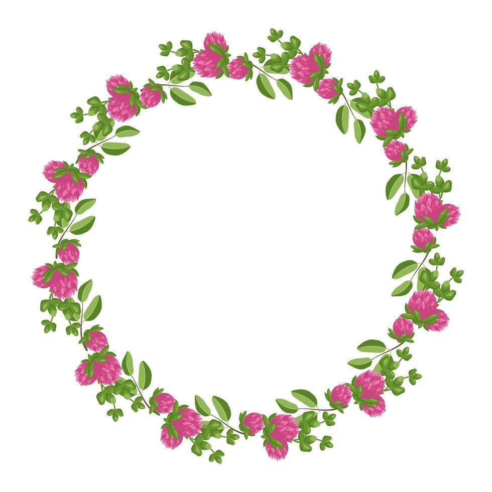 krans van roze klaver bloemen. rond frame, schattige heldere plant met klaverblaadjes. feestelijke decoraties voor bruiloft, vakantie, ansichtkaart, poster en design. platte vectorillustratie vector