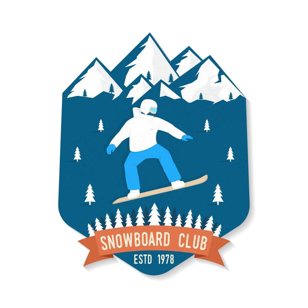 snowboard club patch. vector. concept voor shirt, print, stempel, patch of tee. vintage typografieontwerp met snowboard en bergsilhouet. extreme sporten. vector