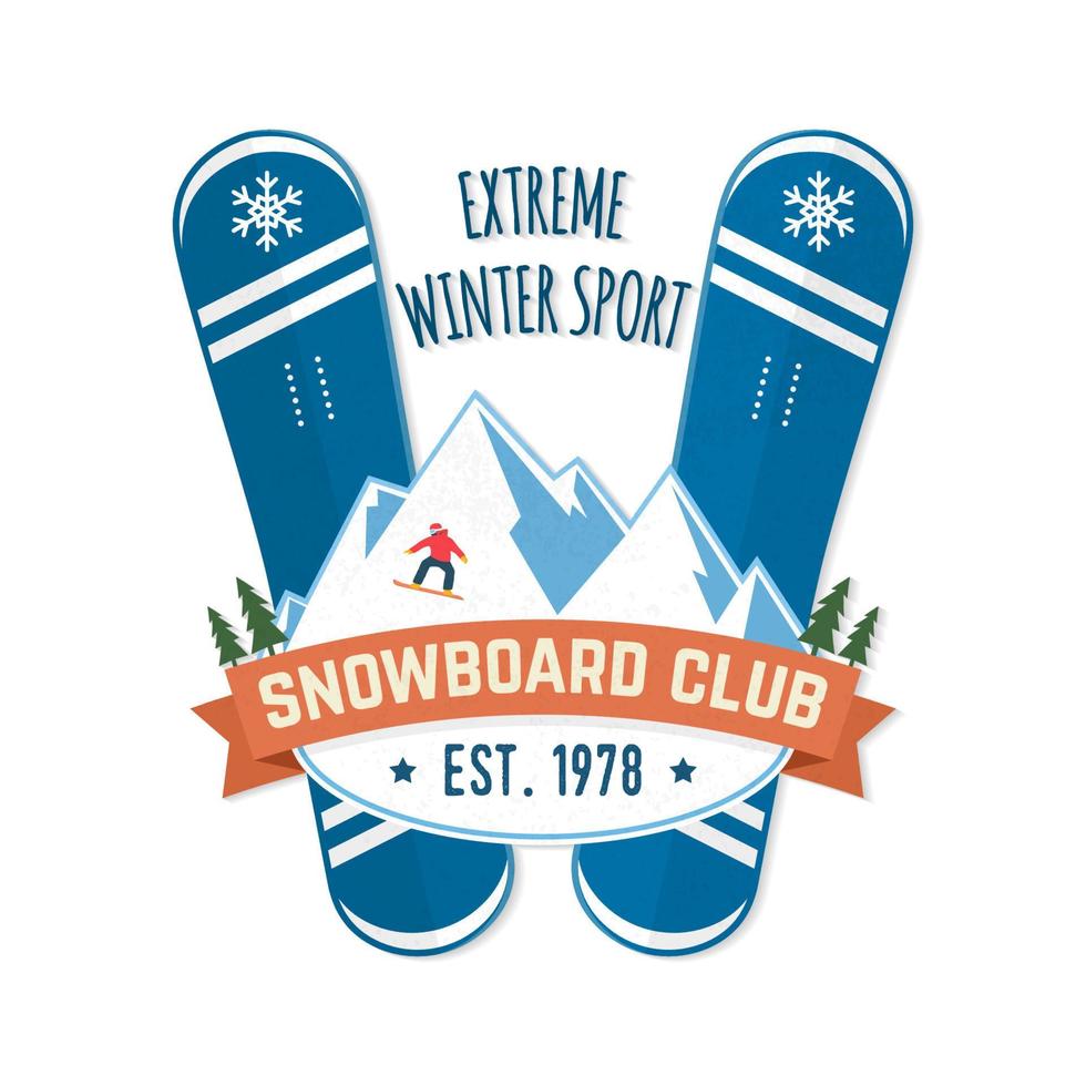 snowboardclub. vectorillustratie. concept voor shirt, patch, print, stempel. vintage typografieontwerp met snowboard en bergsilhouet. extreme wintersport. vector