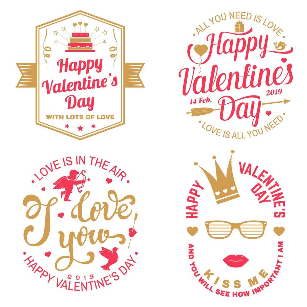 set van happy Valentijnsdag teken. stempel, kaart met kroon, lippen en glazen vogel, amoer, pijl, hart. vector. vintage typografieontwerp voor uitnodigingen, Valentijnsdag romantisch vieringsembleem vector