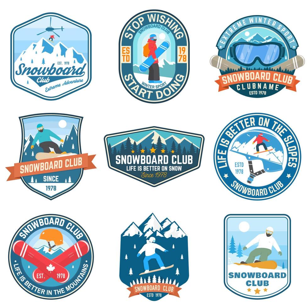 set snowboardclub-patches. vector. concept voor patch, shirt, print, stempel of tee. vintage typografieontwerp met snowboarder en bergsilhouet. extreme sporten. vector