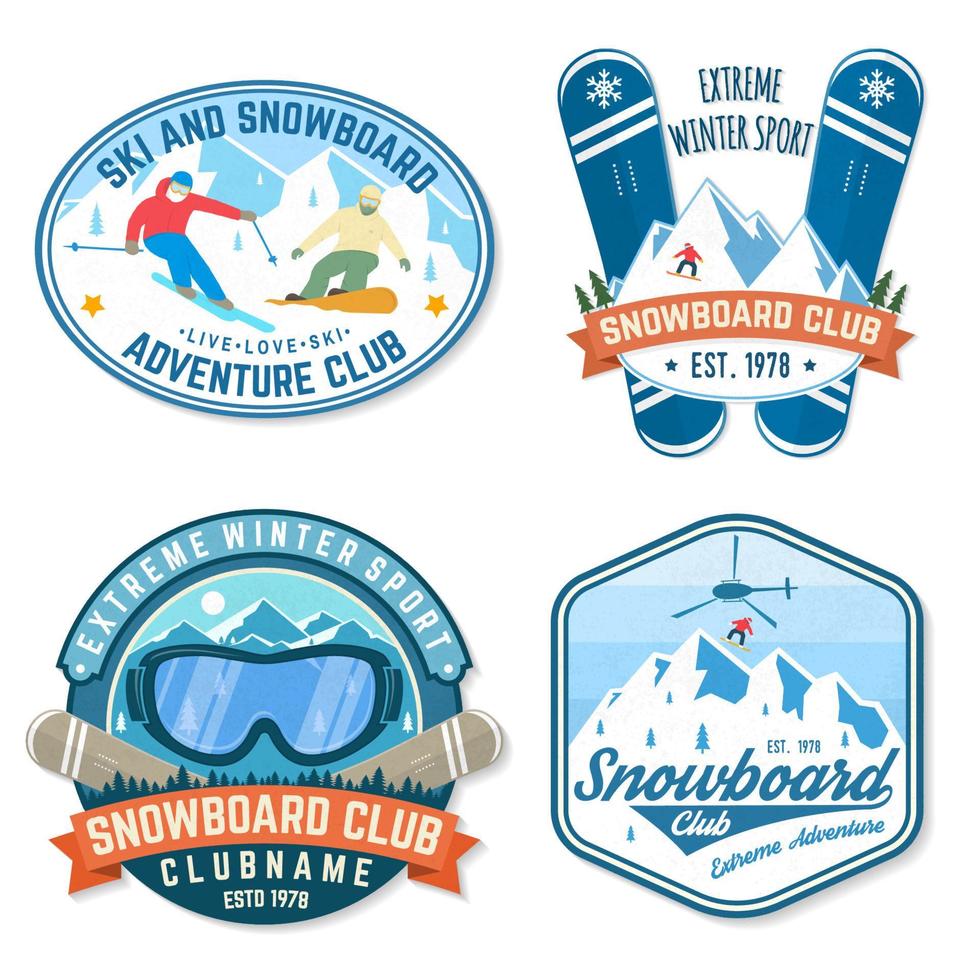 set snowboardclub-patches. vector. concept voor patch, shirt, print, stempel. vintage typografieontwerp met snowboarder en bergsilhouet. extreme sporten. vector