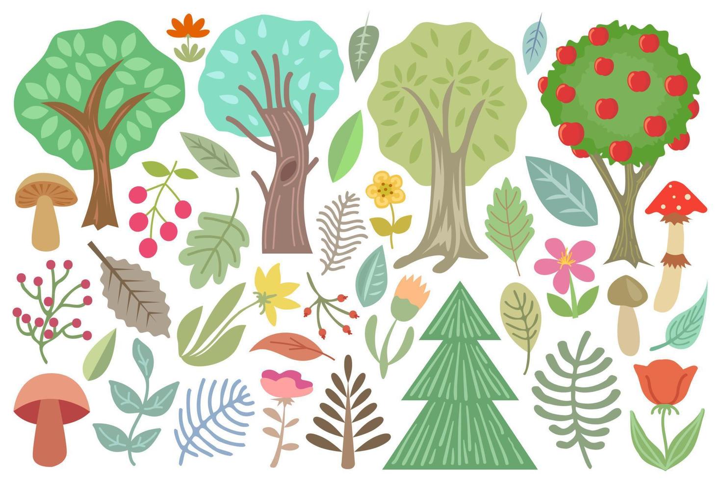bos bomen en planten collectie, geïsoleerd op een witte achtergrond, botanische set met paddestoelen, bloemen, bessen, bladeren, bomen, takken vector illustratie.