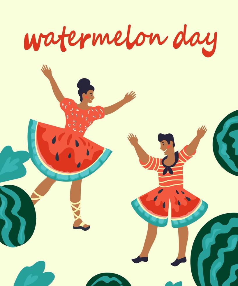 watermeloen dagkaart of poster sjabloon met dansers, platte vector. watermeloen dag banner of groet briefkaart sjabloon. vector