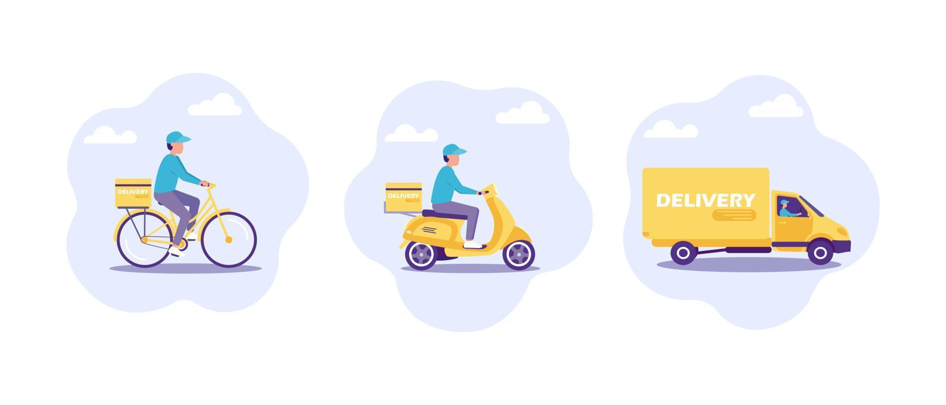 concept van een online bezorgservice bij u thuis en op kantoor. koerier per fiets, scooter en vrachtwagen. vector illustratie